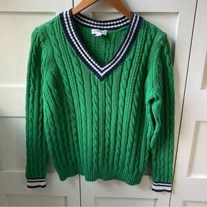 Preppy Kelly Green Cotton V-Neck Cable Sweater